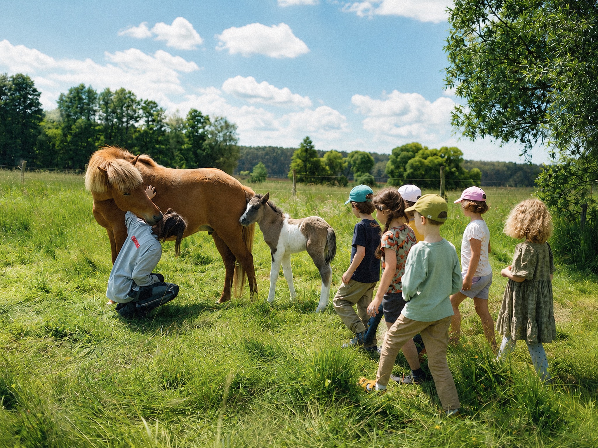 Kinder der Kinderladenreise begegnen Pferden und einem Fohlen auf dem Bauernhof